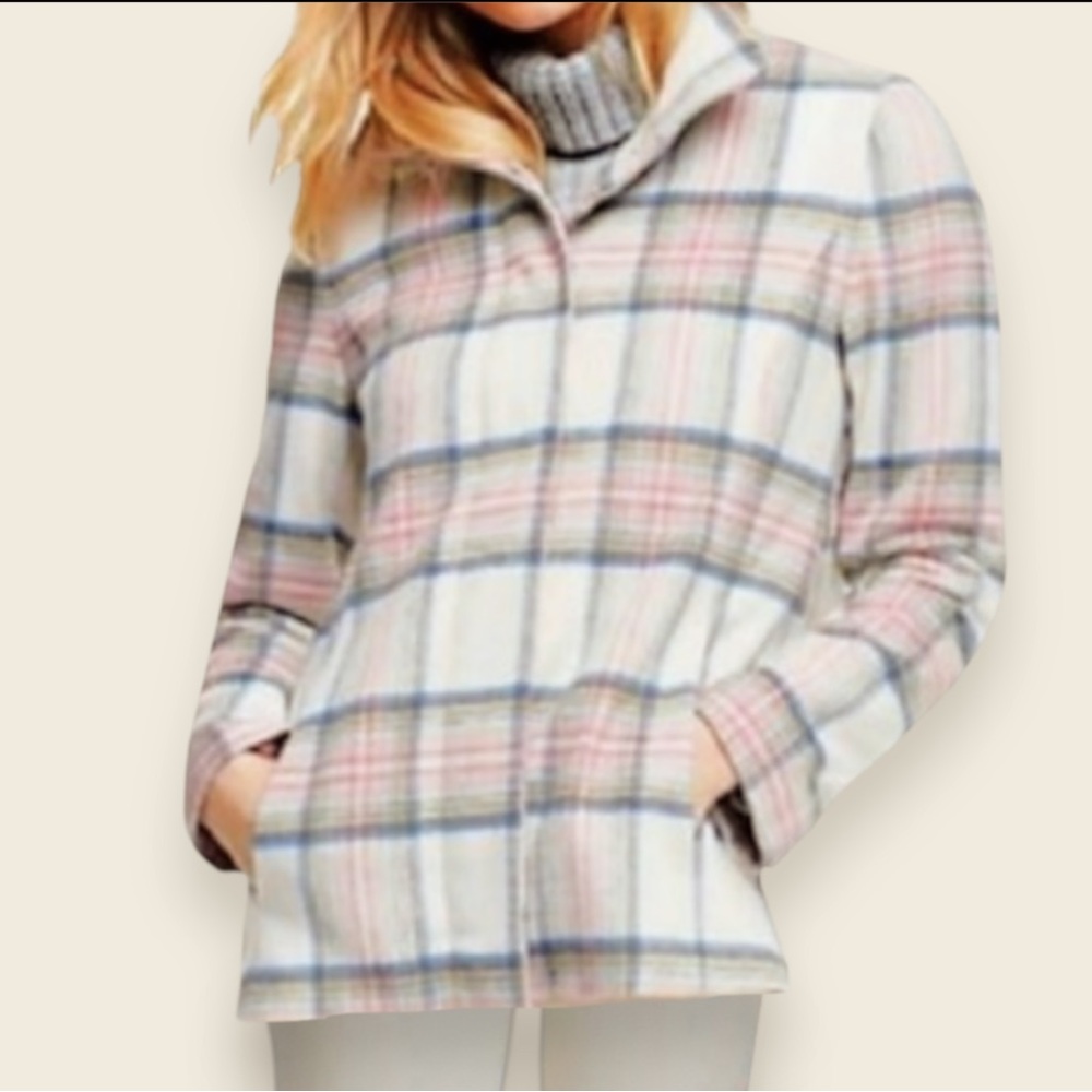 Lands’ End Classic Plaid Stand-collar Jacket | Size 16 | Ivory Plaid | NWT | $60